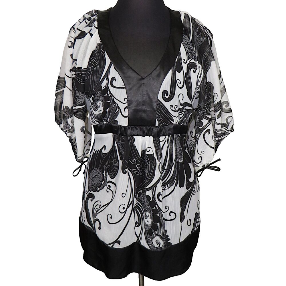 Torrid Black White Floral Chiffon Blouse Satin Trim Back Tie Plus Size 1X